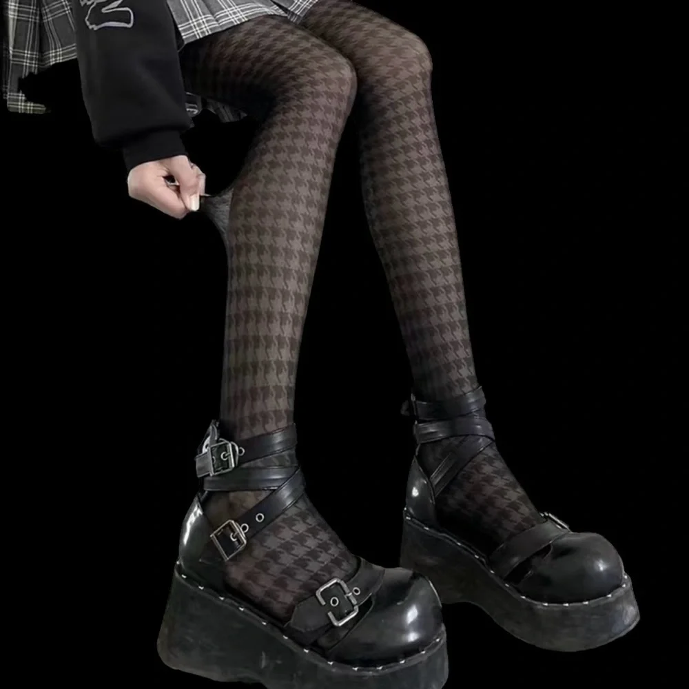 Houndstooth Black Pantyhose, High Waist Elastic‎ Footed Pantyhose One Size